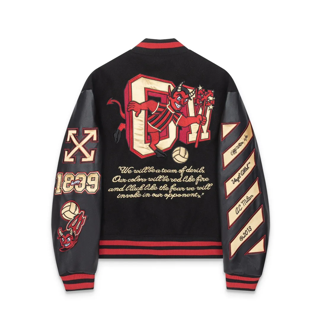 S39#P700, offwhite24ss heavily embroidered leather baseball down jacket, woolen fabric couple's jacket, black size: S M L XL